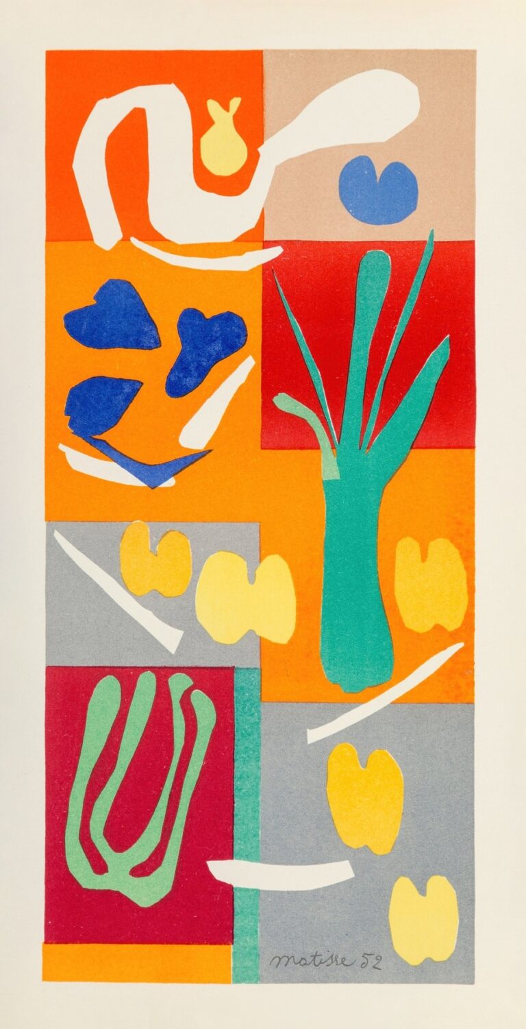 Vertical cut-out composition in stacked rectangular panels of orange, red, gray, and beige. White, blue, yellow, and mint-green plant shapes appear across the blocks: a coiling white frond at top, blue leaf clusters, a teal vase with green blades, repeated yellow seed-like pairs, white stem clippings, and a large mint succulent at bottom. Flat, matte colors with crisp scissor-cut edges, signed “Matisse 52.”