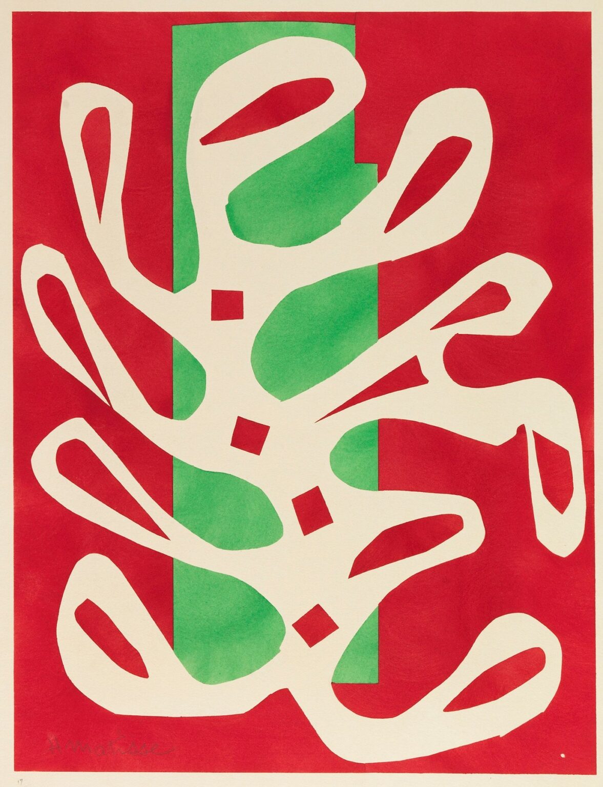 Large cut-out composition: a looping white, plant-like form spreads diagonally over a flat red background with a vertical green rectangle behind it. Four small red squares punctuate the white shape. Bold, crisp edges and flat colors typical of Matisse’s 1947 gouache paper cut-outs.