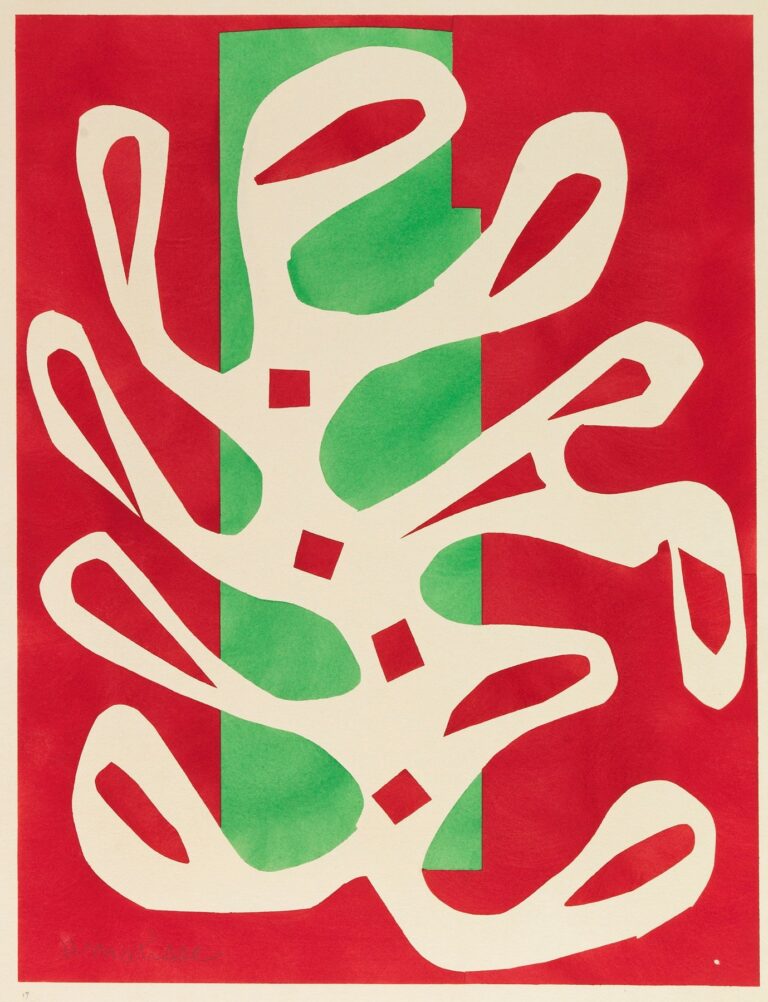 Large cut-out composition: a looping white, plant-like form spreads diagonally over a flat red background with a vertical green rectangle behind it. Four small red squares punctuate the white shape. Bold, crisp edges and flat colors typical of Matisse’s 1947 gouache paper cut-outs.