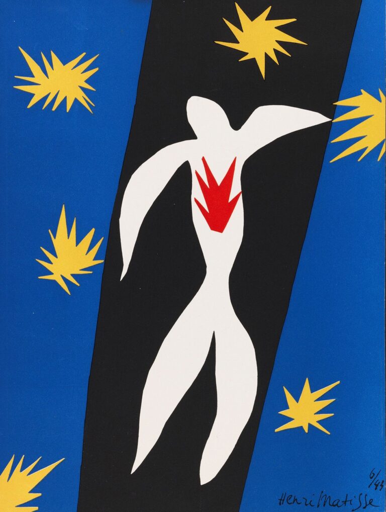 Bold cut-out image: a white human silhouette with outstretched arms and split legs set inside a tilted black vertical band. A red, flame-like shape sits on the chest. Surrounding the band are ultramarine blue panels scattered with jagged yellow starbursts. Henri Matisse, 1943.