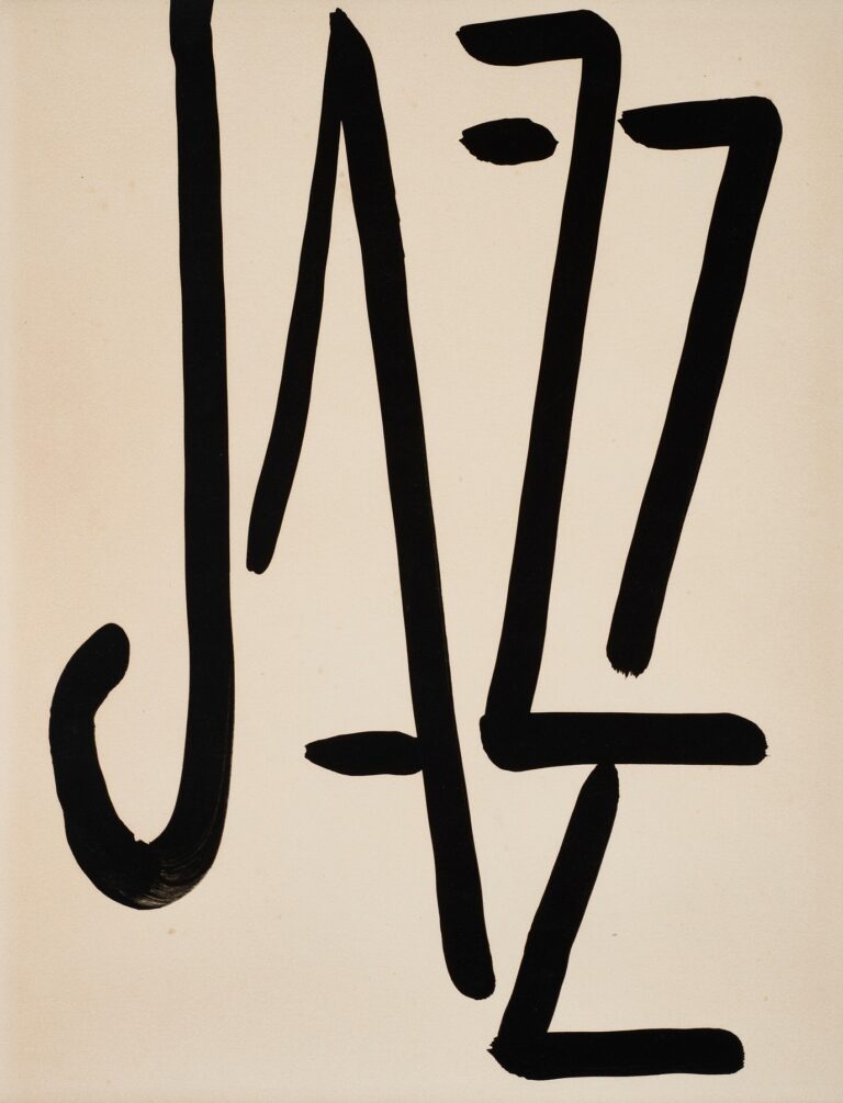 Cream paper with the word “JAZZ” written in four huge black brushstrokes: a tall hooked “J,” an open “A” with a short crossbar, and two angular “Z”s. A small black oval accent sits near the top between letters. The strokes vary in thickness, showing the speed and pressure of the brush. Painted by Henri Matisse in 1947.