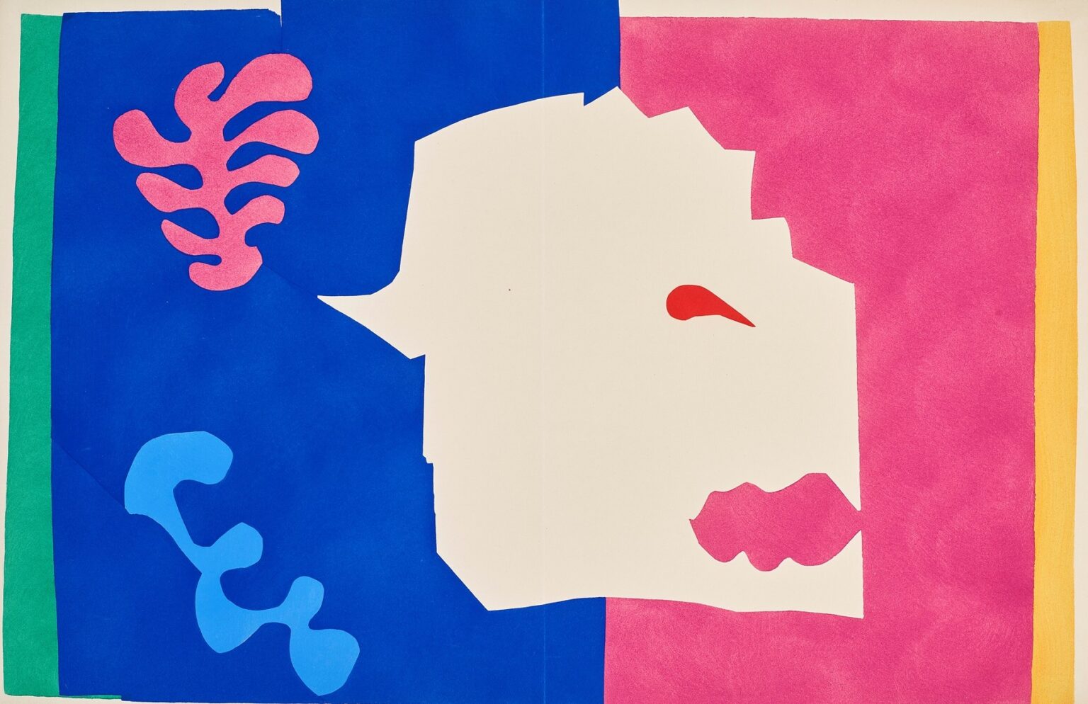 Bold cut-out composition showing a white wolf head in profile with a small red eye and jagged mouth, set between large fields of ultramarine blue and magenta pink with green and yellow edges; pink coral-like and light-blue serpentine shapes float on the blue side.