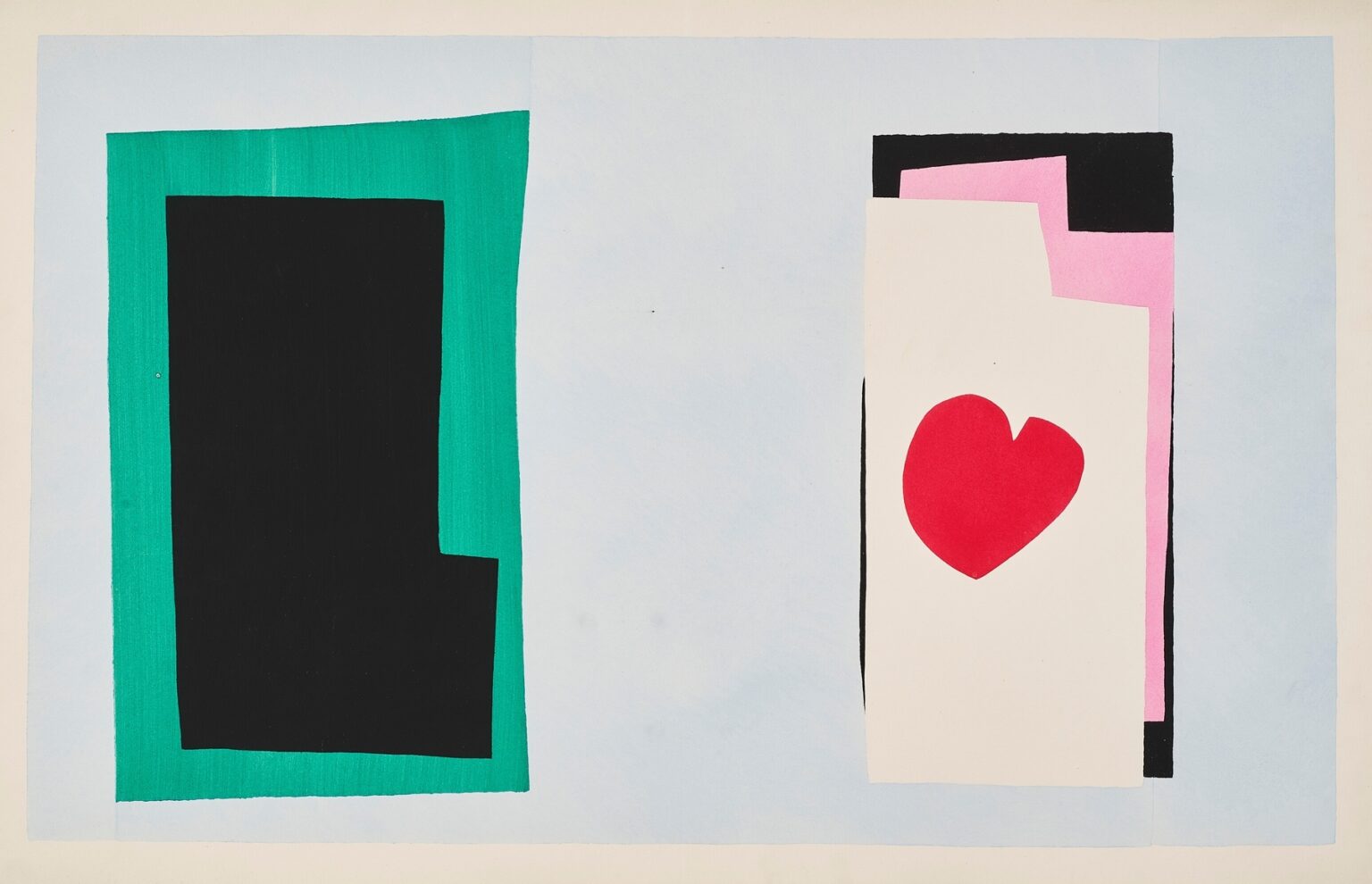 Cut-out composition with a red heart on a cream rectangle stacked over pink and black shapes at right, a large black rectangle inside a green frame at left, all on a pale blue ground with softly brushed texture.