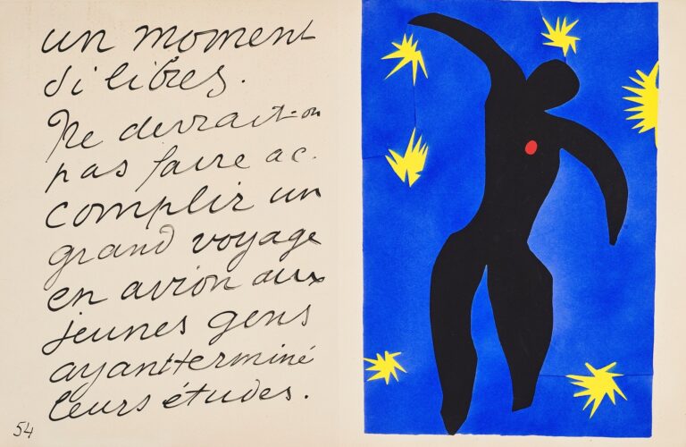 Two-page Jazz spread with Matisse’s handwritten French text on the left and, on the right, a black cut-out figure with a small red dot over the chest set against vivid blue, surrounded by jagged yellow star shapes; the figure appears suspended in space.