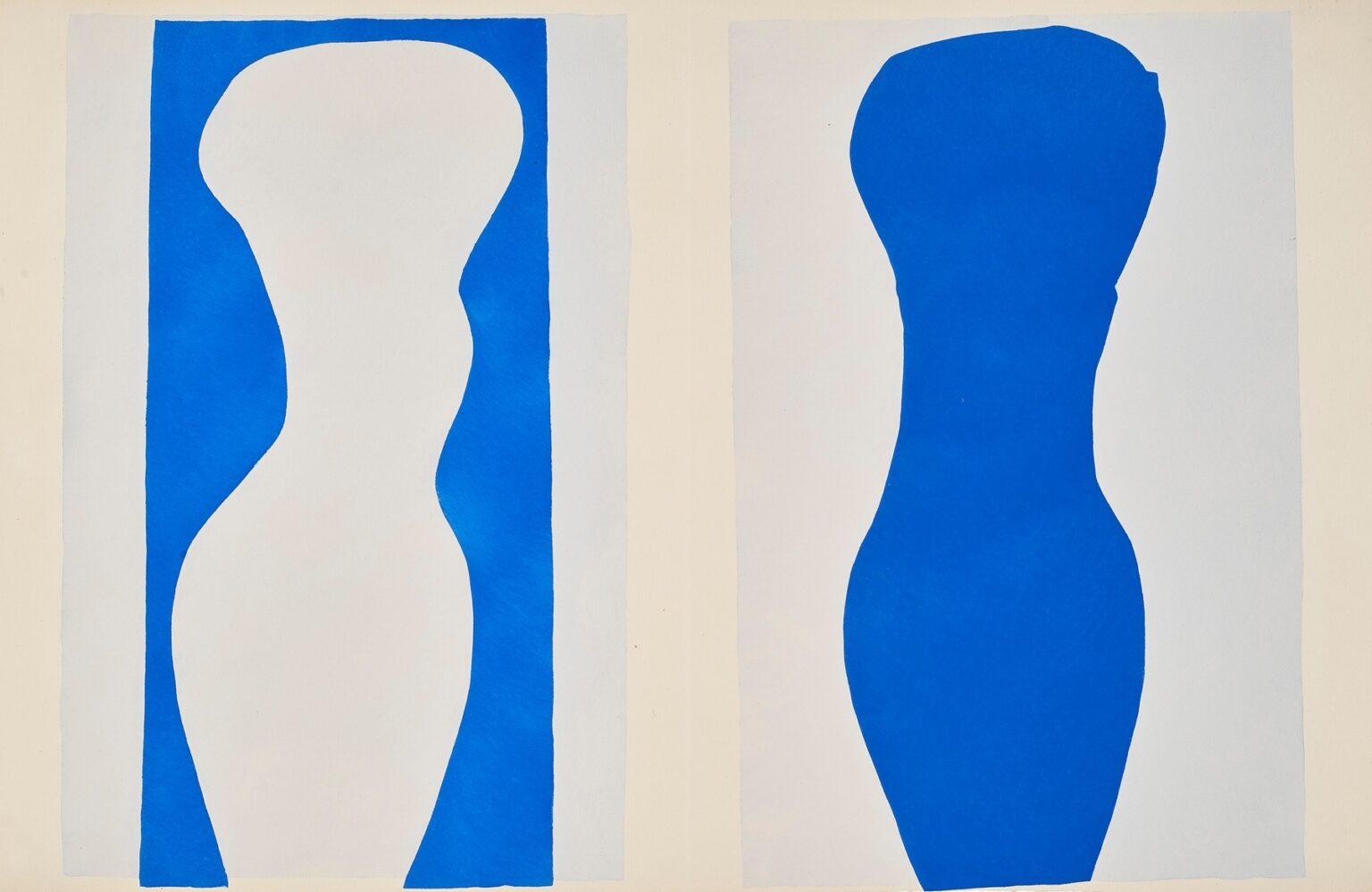 Two tall panels of Matisse cut-outs: left shows a white, curving silhouette within blue side bands; right shows the inverse—a solid ultramarine form against a pale field. Clean scissor-cut edges and flat gouache colors emphasize figure–ground reversal.