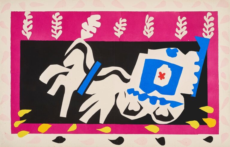 Vibrant cut-paper scene of a white horse pulling a stylized hearse across a black rectangle framed by a magenta border; blue accents mark harness and carriage, a small red rosette sits on the panel, and yellow petal shapes scatter along the bottom with white leafy motifs across the top.