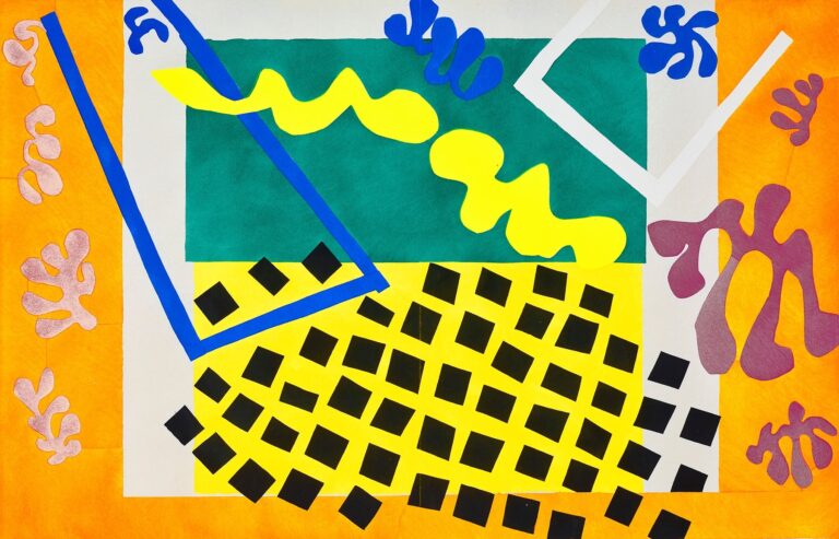 Vibrant cut-paper composition with an orange border framing a pale arena; green block at top, large yellow wedge filled with scattered black squares below, angled blue and white bars like rigging, and curving yellow ribbons suggesting acrobats; blue and mauve coral shapes punctuate the scene.