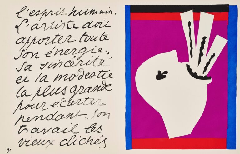 Two-page spread from Matisse’s Jazz: at left, flowing French handwriting in black ink; at right, a cut-paper image of a white head in profile against a magenta field framed by blue, with three pale “swords” marked by black wavy lines entering the open mouth beneath a narrow red and black lintel.