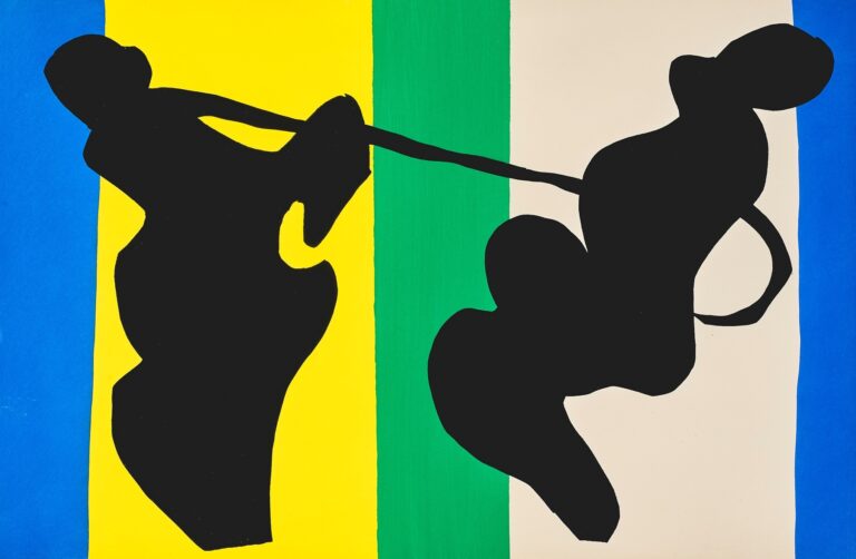 Bold cut-paper composition with two large black silhouettes linked by a thin black lariat, the left shape reading as a rearing animal and the right as a cowboy; vertical bands of ultramarine, yellow, green, and cream form the background.
