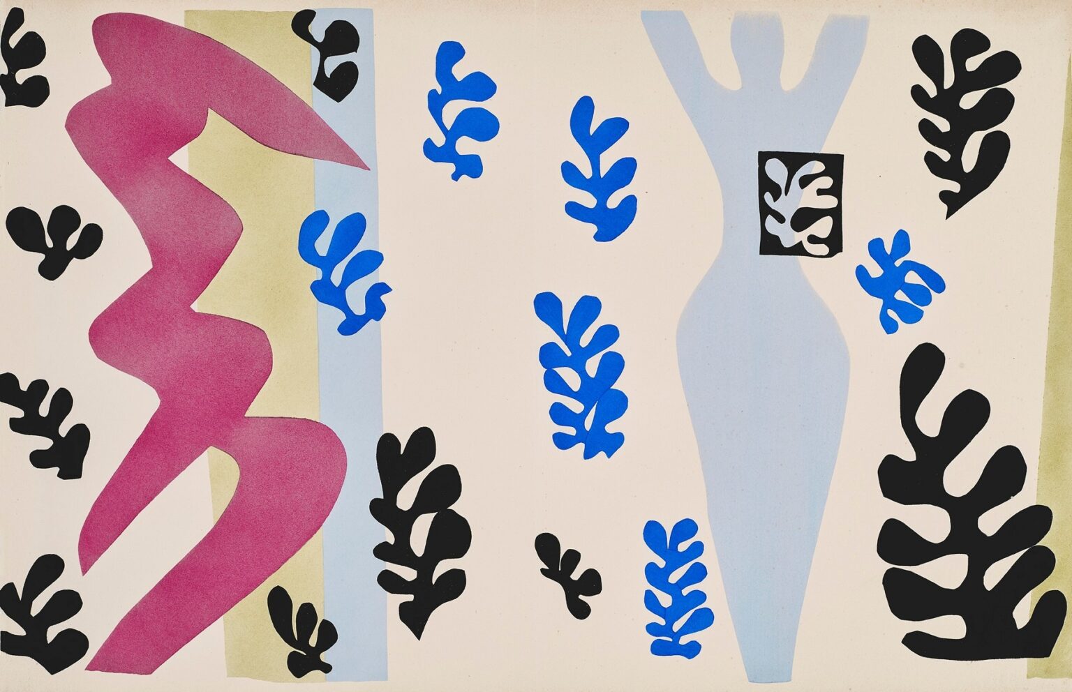 Cut-paper composition showing a magenta zig-zag figure at left and a pale blue, vase-like target with raised arms at right, a small black square target on the torso, and scattered blue and black leaf shapes suggesting knives in flight; narrow sandy, light-blue, and green vertical bands frame the scene on a cream background.