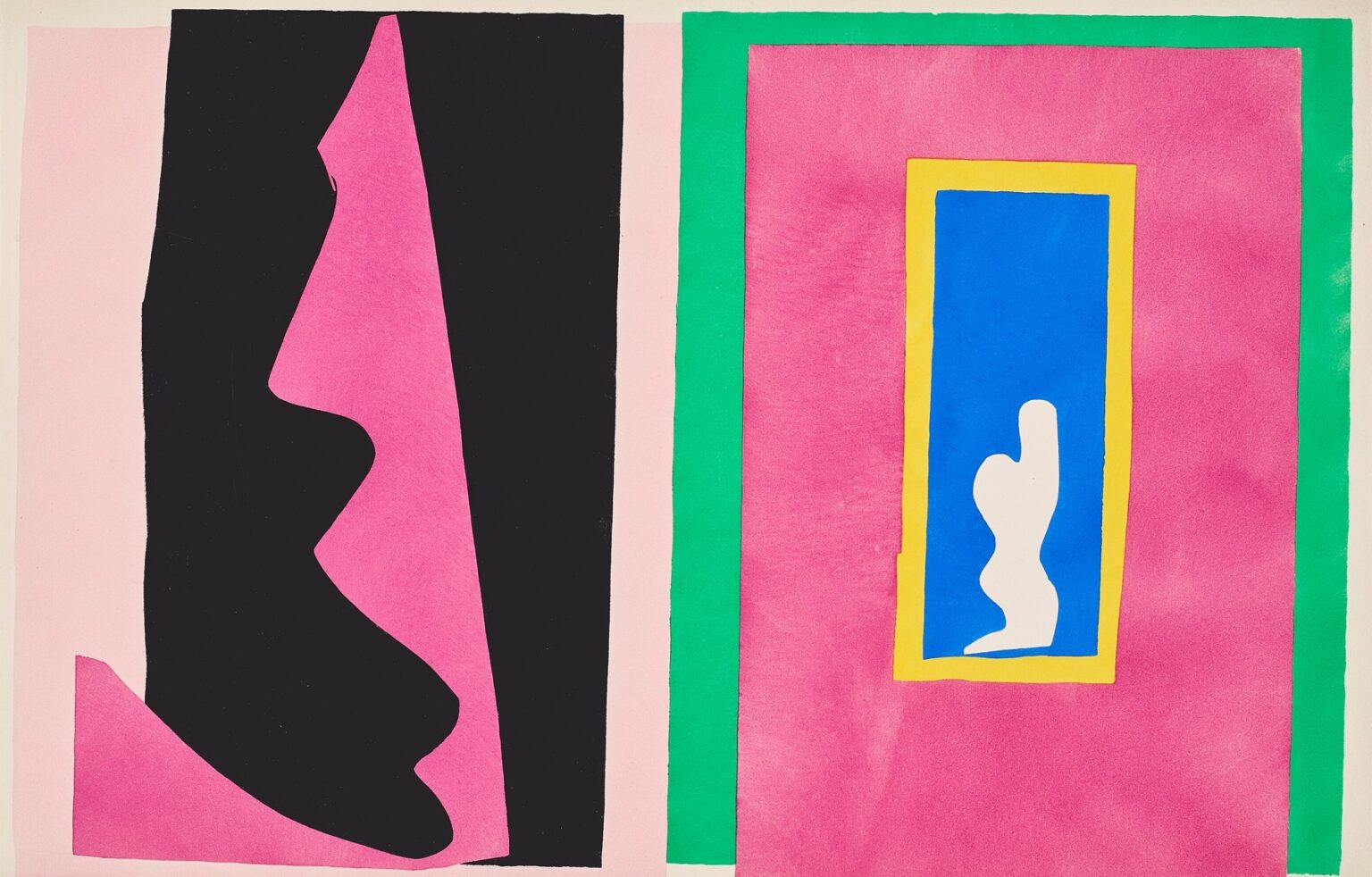 Cut-paper composition divided in two: at left, a tall black profile-like shape carved from fuchsia; at right, a large fuchsia field bordered by green with a small vertical blue window framed in yellow containing a white simplified figure with raised arm; a narrow pale pink strip separates the halves.