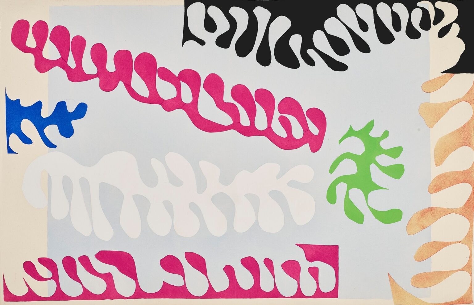 Cut-paper composition with a central pale blue rectangle filled with curving, coral-like shapes: long magenta and white ribbons, a black scalloped band at the top right, a bright green frond, a small ultramarine motif left, and a sandy ochre fringe at the right edge, all on cream paper.