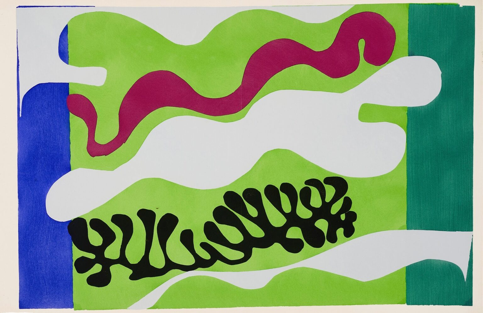 Cut-paper composition of a lagoon: rolling green field with broad pale blue-white bands, a sinuous burgundy ribbon near the top, a dense black coral-like frond in the lower middle, and vertical ultramarine and deep teal bars at the left and right edges.