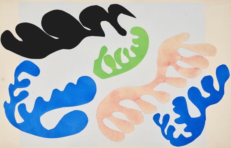 Cut-paper composition by Matisse featuring a pale bluish rectangle filled with five large organic shapes: a black banner at upper left, a bright green perforated frond at center, a powder-coral organism at right, and two vivid blue seaweed-like forms at lower left and lower right, all set within a cream border.