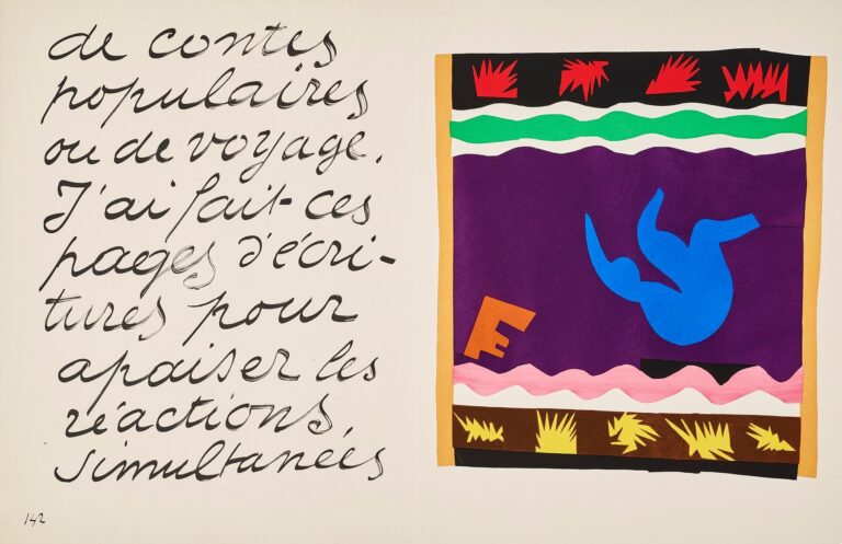 Two-page Jazz spread by Matisse: at left, large flowing French handwriting in black ink; at right, a bordered cut-paper scene with a purple rectangle framed in ochre, a black top band with red bursts, green and white wavy stripes, a pink scalloped band near the bottom, a brown base with yellow motifs, and a bright blue figure tumbling diagonally across the purple field with a small tilted orange form nearby.