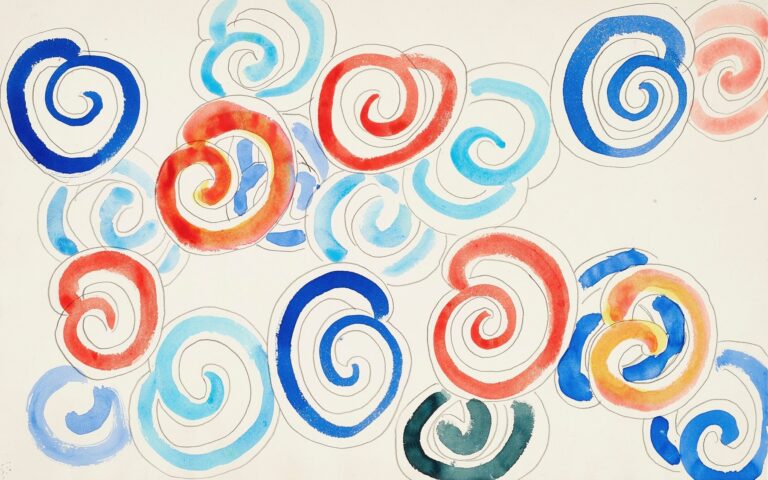 A white sheet filled with overlapping spiral forms drawn in pencil and washed with transparent color—cerulean, ultramarine, pale aqua, coral red-orange, yellow-tinted peach, and a single deep green. The spirals vary in size, some touching or overlapping, leaving wide white spaces that keep the composition airy. Henri Matisse, 1953.