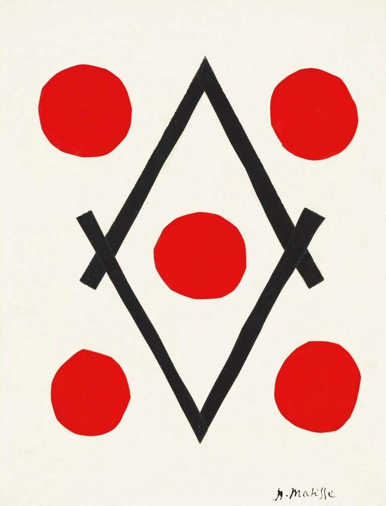 White sheet with a tall black diamond shape formed by two thick crossed strips. One red circle sits at the center inside the diamond; four red circles surround it at the upper-left, upper-right, lower-left, and lower-right areas. Flat, matte colors with slightly irregular, hand-cut edges. Henri Matisse, 1947.