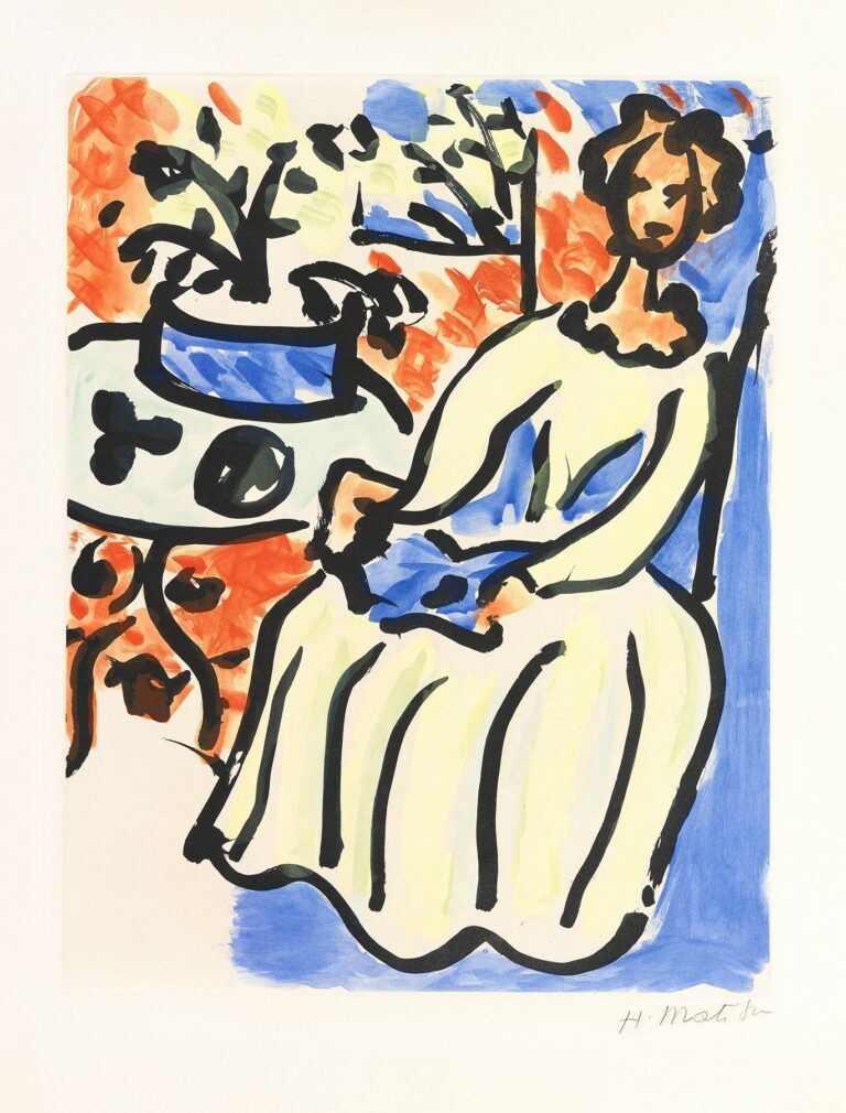 Late Matisse portrait of a seated woman in a pale yellow dress outlined with thick black brushstrokes. She sits beside a small round table with a blue pot of leaves; a red patterned wall fills the background and blue washes mark the floor and shadows. Simplified features and flat colors on paper, 1950.