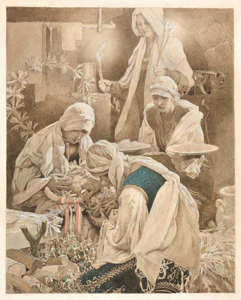 Watercolor and gouache depiction of four Slavic women in headscarves binding a straw effigy inside a rustic hut, holding candles, wheat sheaves, and bowls, surrounded by straw and ritual plants.