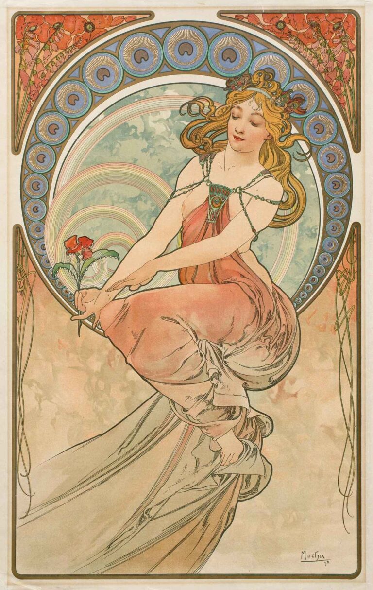 Art Nouveau lithograph “Painting” by Alphonse Mucha, depicting a graceful female allegory with flowing pink drapery, floral crown, and painter’s palette, framed by circular medallions and corner panels of poppies.