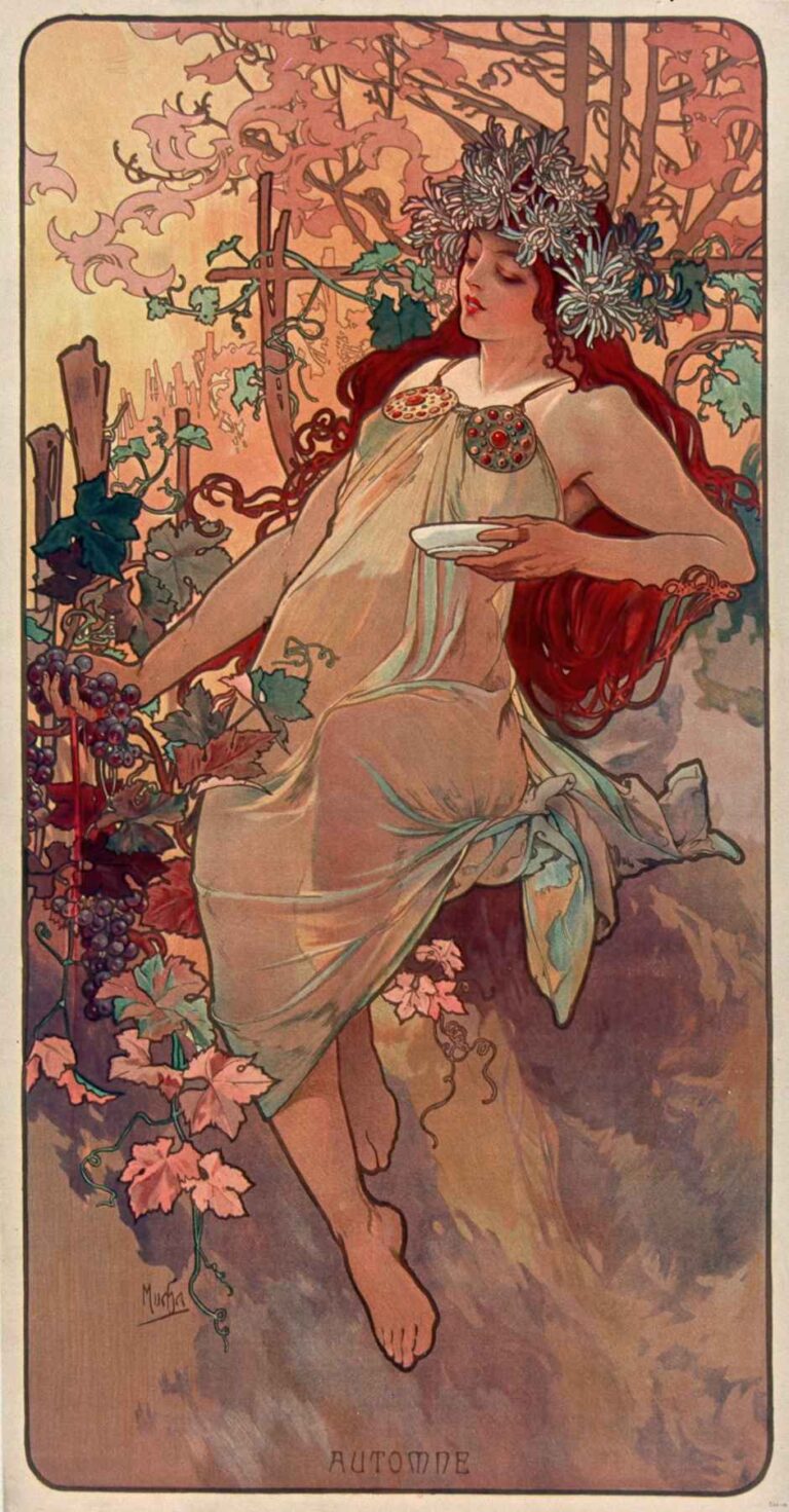 Art Nouveau lithograph showing a young woman crowned with grapevine leaves, holding grapes in one hand and a bowl in the other, framed by a circular wreath of autumn leaves and corner oak motifs.
