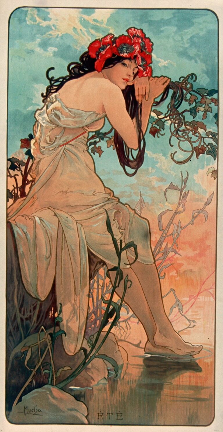 Art Nouveau panel by Alphonse Mucha showing a young woman crowned with red poppies, draped in a pale gown, seated on a stream bank with one foot touching the water; curling ivy surrounds her under a turquoise and peach summer sky; the word “ÉTÉ” appears below.