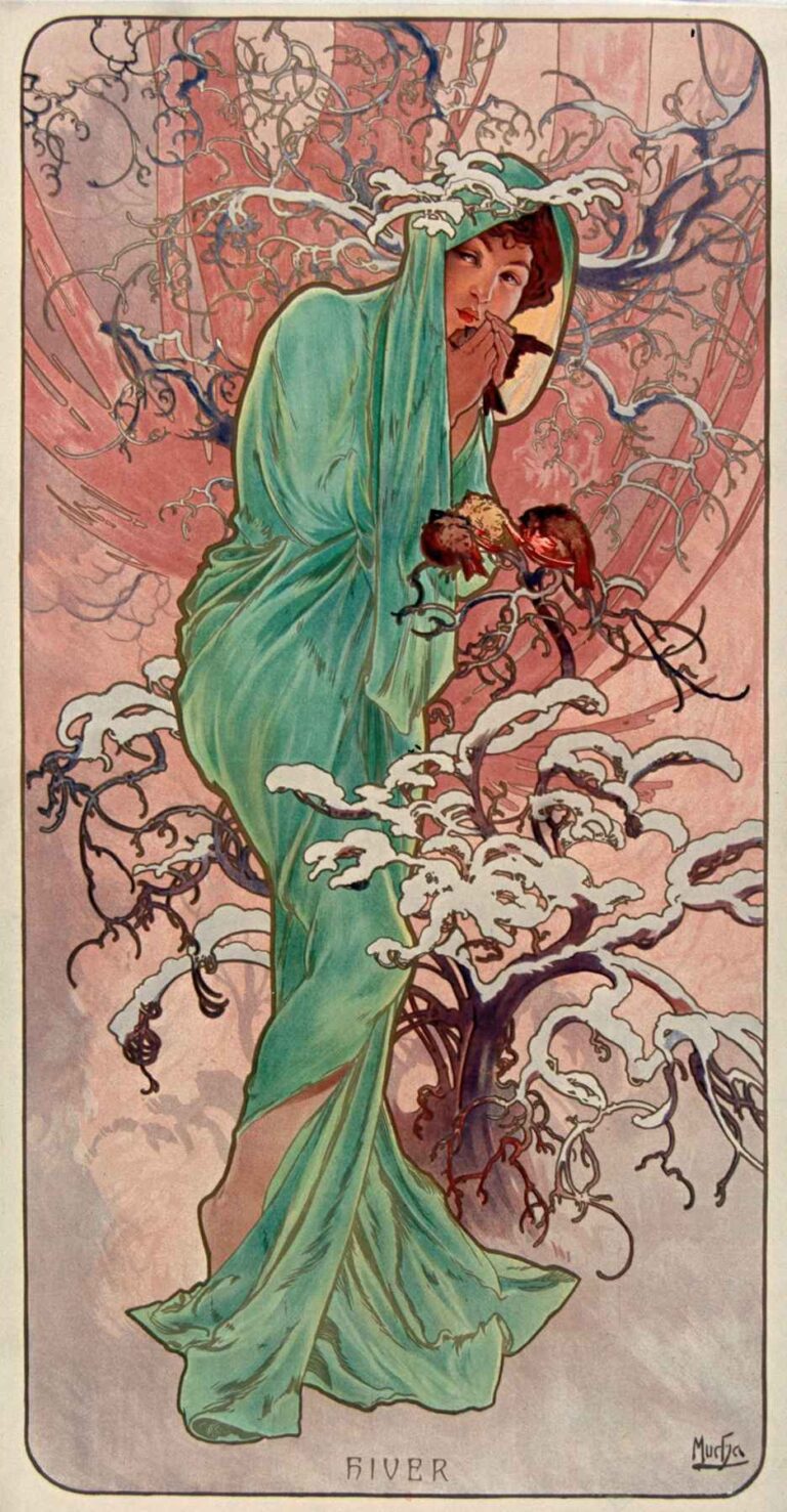 Art Nouveau panel of a woman wrapped in a teal cloak standing among snow-covered branches; she warms her hands near her lips while two red-breasted birds perch nearby against a mauve-pink winter sky; rounded border with the word “HIVER” below.