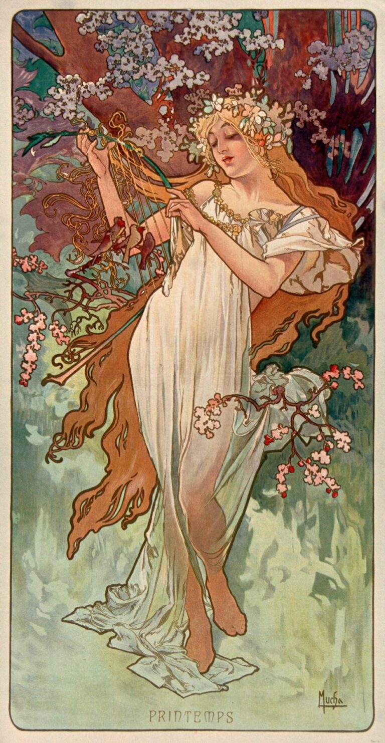 Art Nouveau chromolithograph of a young woman crowned with white blossoms playing a green-stemmed lyre while stepping through a grove of flowering branches; flowing white gown, long auburn hair, and the word “PRINTEMPS” below within a rounded rectangular frame.