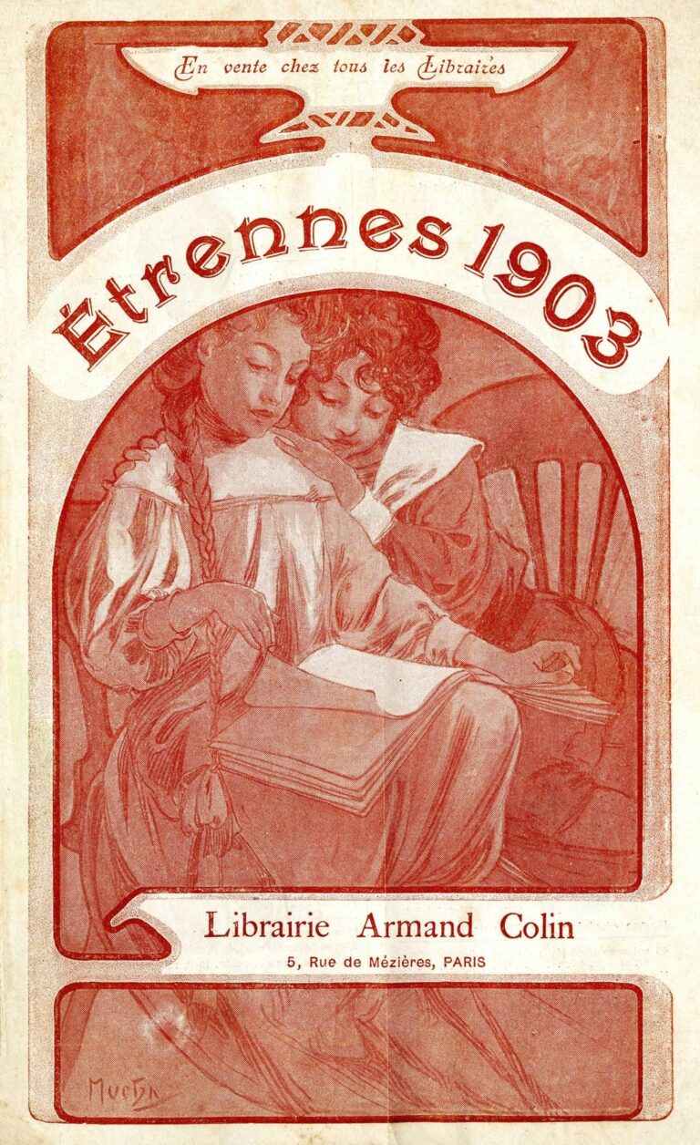 Monochrome red Art Nouveau cover by Alphonse Mucha showing two children reading together inside a semicircular frame, with the curved headline “Étrennes 1903” above and “Librairie Armand Colin, 5 rue de Mézières, Paris” below.
