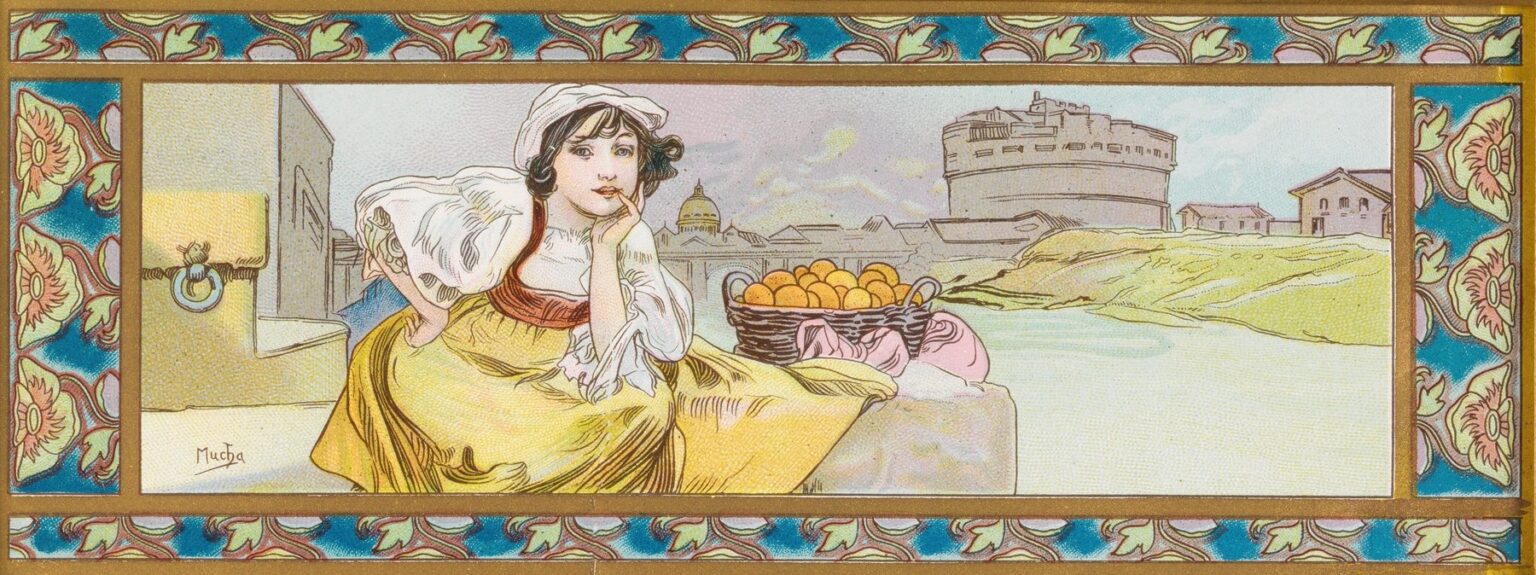Long horizontal Art Nouveau panel by Alphonse Mucha showing a young woman in a white coif leaning on a parapet beside a basket of oranges; behind her are the Tiber, Castel Sant’Angelo, and a distant dome; the scene is framed by teal floral borders designed for a biscuit box.