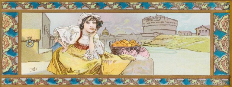Long horizontal Art Nouveau panel by Alphonse Mucha showing a young woman in a white coif leaning on a parapet beside a basket of oranges; behind her are the Tiber, Castel Sant’Angelo, and a distant dome; the scene is framed by teal floral borders designed for a biscuit box.
