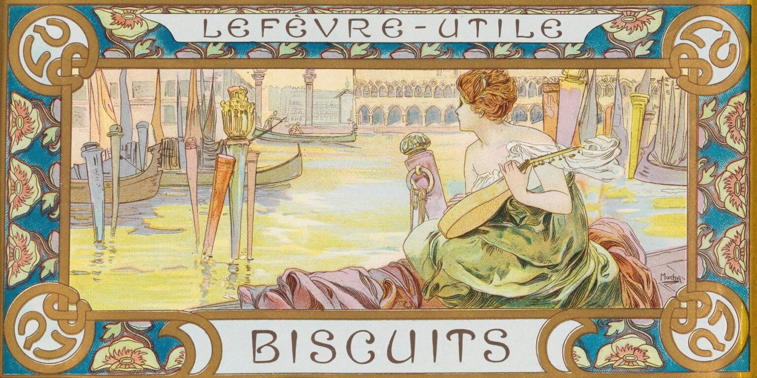 Art Nouveau packaging panel by Alphonse Mucha showing a woman with a mandolin seated by a Venetian canal with gondolas and the Doge’s Palace; teal floral border with LU monograms surrounds the scene, and the words “LEFÈVRE-UTILE” and “BISCUITS” appear in top and bottom cartouches.