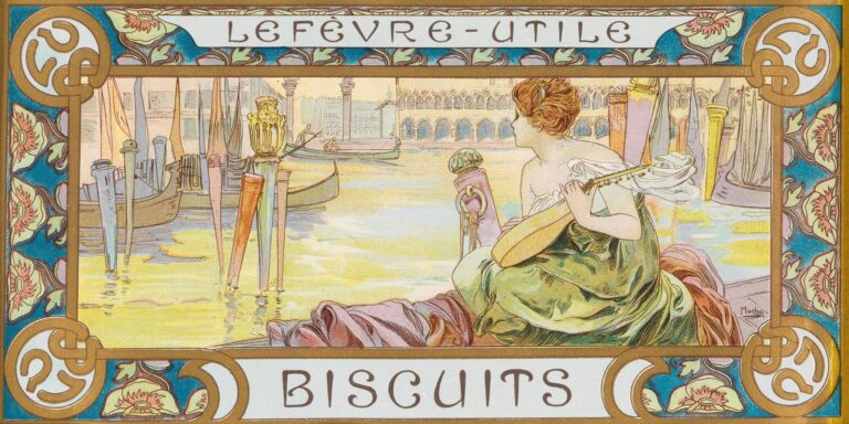 Art Nouveau packaging panel by Alphonse Mucha showing a woman with a mandolin seated by a Venetian canal with gondolas and the Doge’s Palace; teal floral border with LU monograms surrounds the scene, and the words “LEFÈVRE-UTILE” and “BISCUITS” appear in top and bottom cartouches.