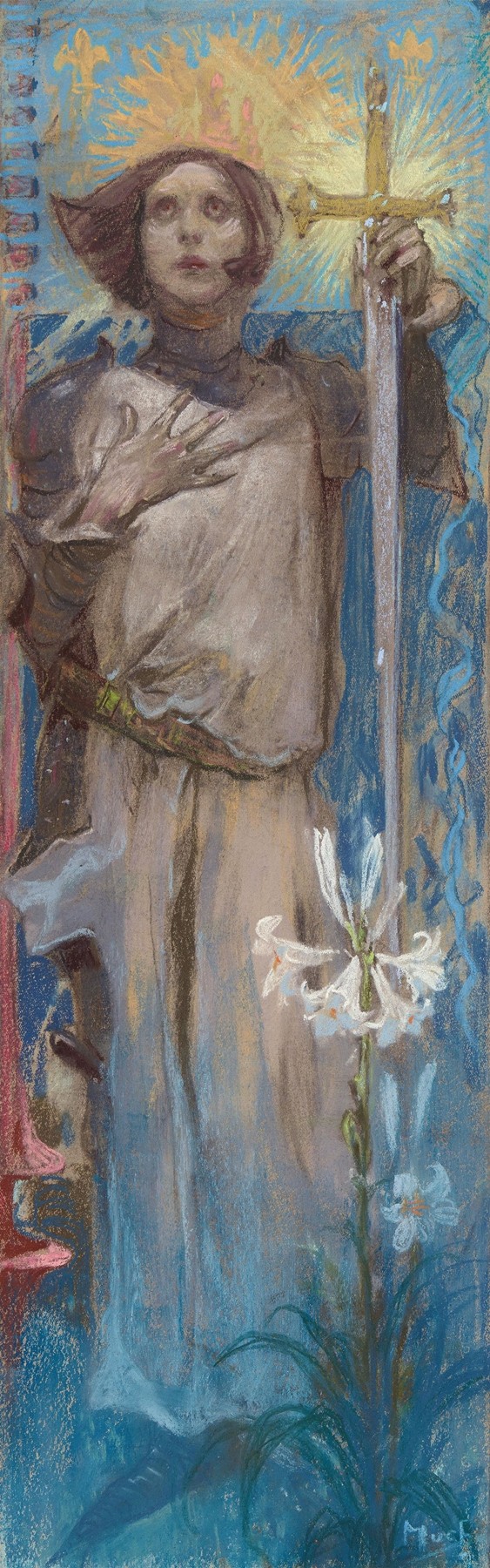 Vertical pastel by Alphonse Mucha showing Joan of Arc in armor and tunic, one hand to her chest and the other holding a tall sword with a glowing gold cross; a radiant halo surrounds her head against a blue field, and white lilies bloom at the bottom.
