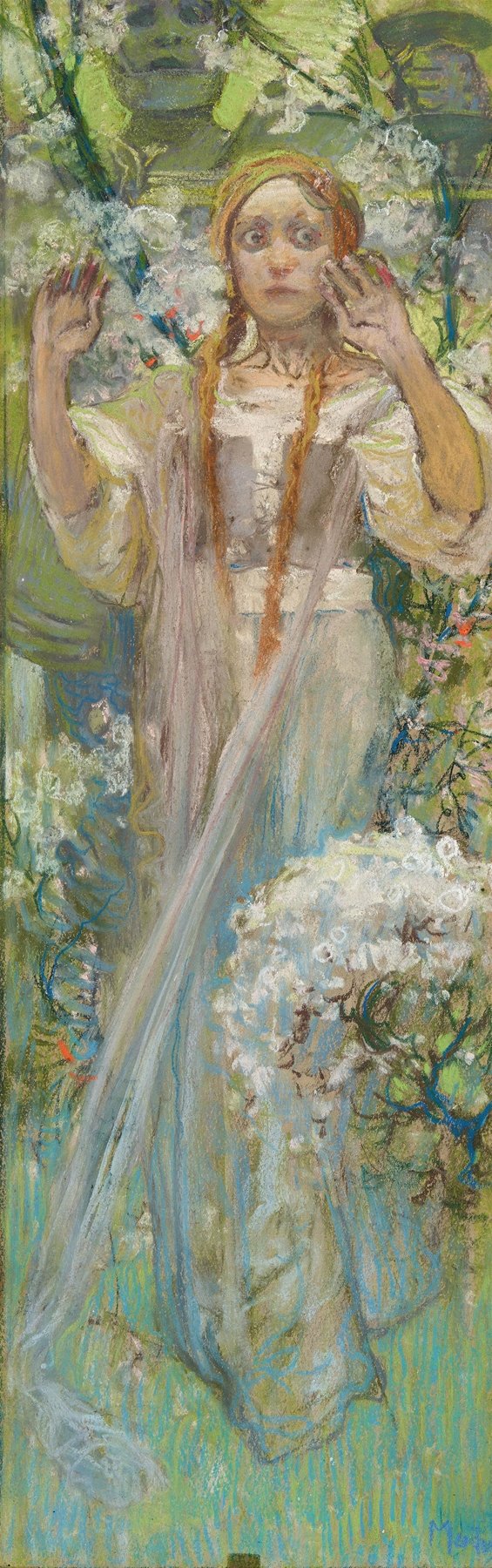 Tall, narrow pastel by Alphonse Mucha showing Joan of Arc in a light dress with long braids and a translucent sash, standing among green foliage and white blossoms with hands raised near her face and eyes wide, conveying the tense moment before battle.