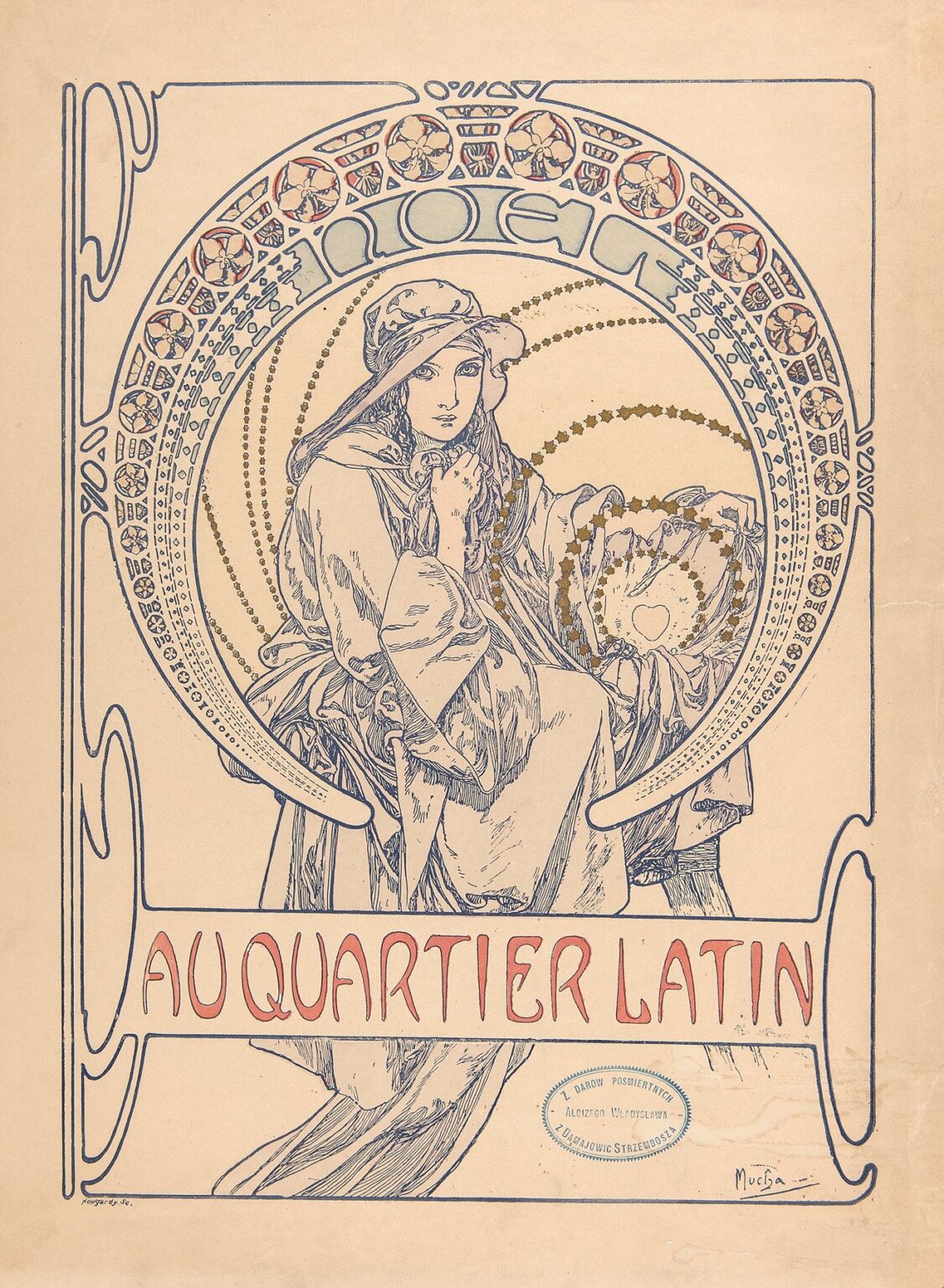 Art Nouveau cover by Alphonse Mucha showing a seated woman in cloak within a large circular halo filled with ornaments and the word “NOËL,” gold star chains radiating behind her, and the red title “AU QUARTIER LATIN” across the bottom on a cream ground with blue line work.