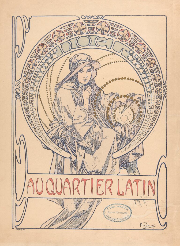 Art Nouveau cover by Alphonse Mucha showing a seated woman in cloak within a large circular halo filled with ornaments and the word “NOËL,” gold star chains radiating behind her, and the red title “AU QUARTIER LATIN” across the bottom on a cream ground with blue line work.