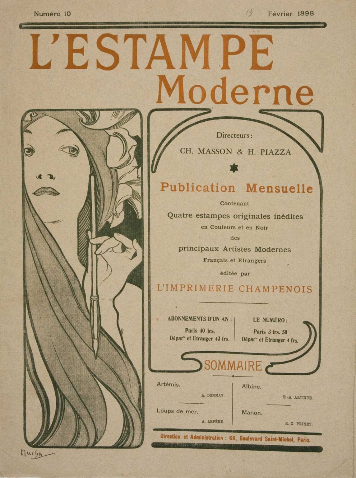 Art Nouveau cover by Alphonse Mucha for L’Estampe Moderne (February 1898) showing a woman with floral headdress holding a vertical quill in a narrow left panel; on the right, curved decorative rules frame editorial text about the publication’s monthly original prints.