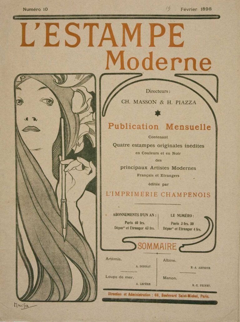 Art Nouveau cover by Alphonse Mucha for L’Estampe Moderne (February 1898) showing a woman with floral headdress holding a vertical quill in a narrow left panel; on the right, curved decorative rules frame editorial text about the publication’s monthly original prints.