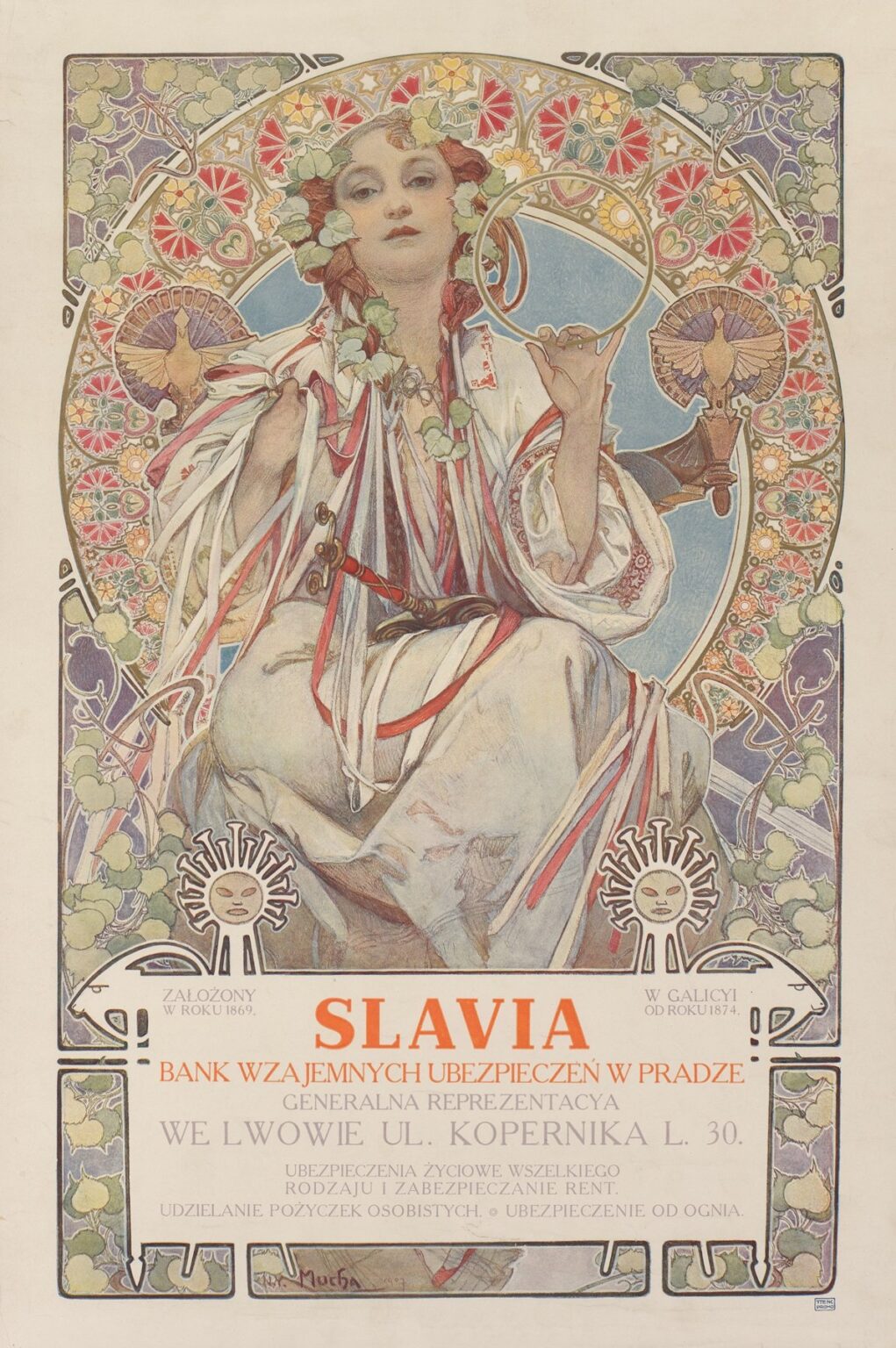 Art Nouveau poster by Alphonse Mucha showing a seated woman crowned with linden leaves inside a jeweled circular halo, holding a gold ring and surrounded by ribbons, keys, birds, and vines; below, a white zoomorphic panel with the orange word “SLAVIA” and Polish text advertises the Prague mutual insurance bank’s Lwów representation.