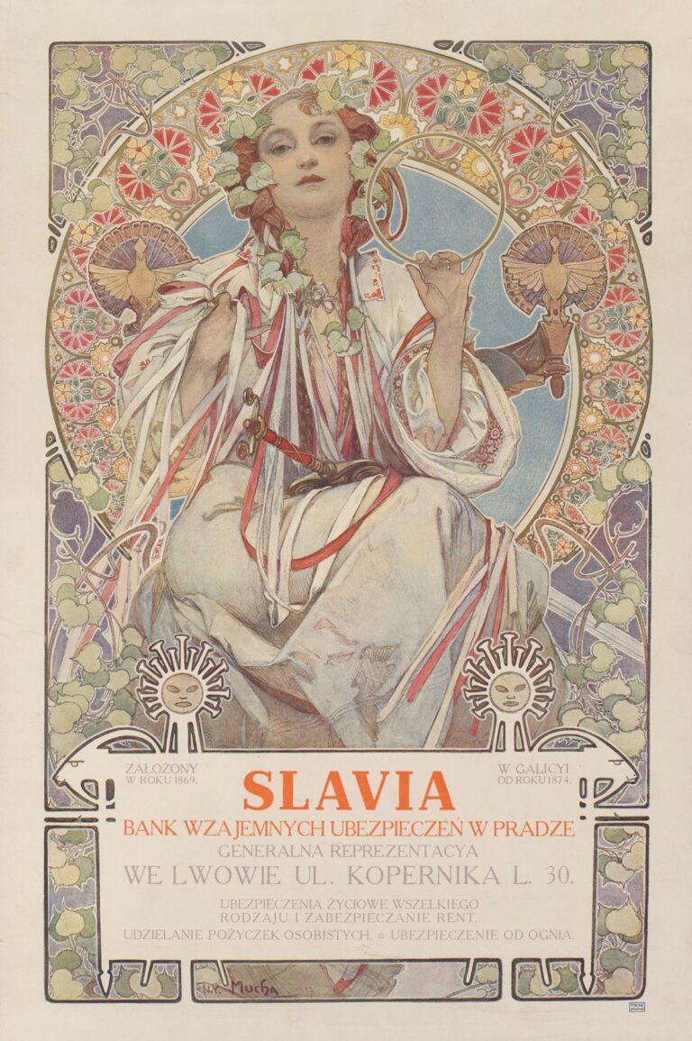 Art Nouveau poster by Alphonse Mucha showing a seated woman crowned with linden leaves inside a jeweled circular halo, holding a gold ring and surrounded by ribbons, keys, birds, and vines; below, a white zoomorphic panel with the orange word “SLAVIA” and Polish text advertises the Prague mutual insurance bank’s Lwów representation.