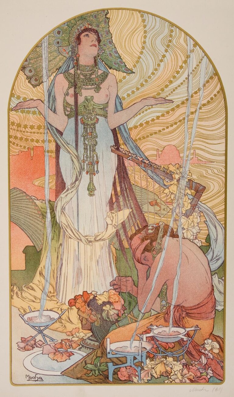 Art Nouveau lithograph by Alphonse Mucha showing a priestess with peacock headdress and elaborate green jewelry standing with arms raised while a kneeling musician plays a harp; incense braziers smoke amid scattered flowers, and a golden, wavy, star-patterned sky fills the arched frame.