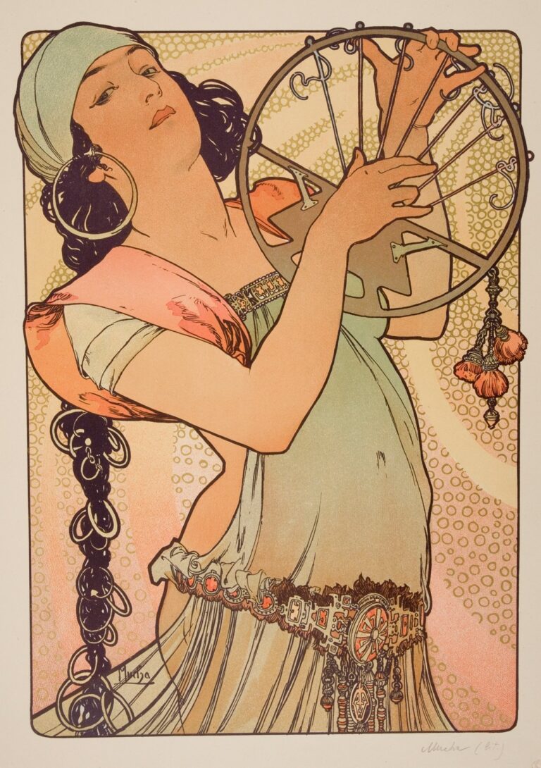 Art Nouveau lithograph by Alphonse Mucha of a dancer in a sea-green dress with coral scarf and headscarf, holding a circular tambourine-like hoop; large hoop earring, long looped braid, ornate belt, and a dotted swirling background suggest rhythm and motion.