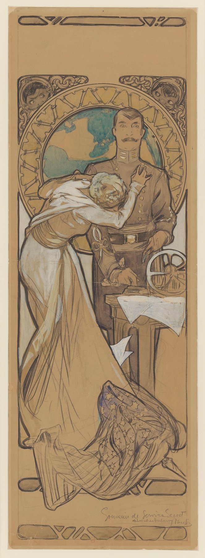 Tall preparatory poster design by Alphonse Mucha depicting a uniformed man standing before a large circular world-clock while a woman in a long dress leans across him in appeal; papers and a telegraph or cipher device sit on a table at right, small faces peer from the ornate corners, and white arrows mark layout notes.