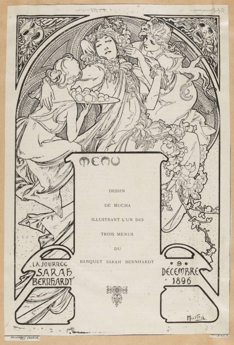 Black-and-white Art Nouveau menu by Alphonse Mucha with a large circular medallion showing a reclining, wreath-crowned woman attended by two figures, theatrical masks in the corners, floral borders, and a central panel labeled “Menu,” with small plaques reading “La Journée Sarah Bernhardt” and “9 décembre 1896.”