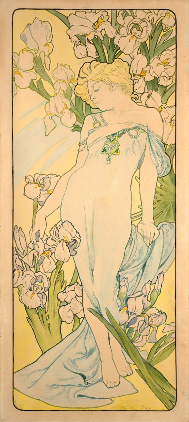 Tall Art Nouveau panel of a woman in a sheer blue gown leaning among white irises with yellow accents; pale yellow background, celadon leaves, rounded black border, and delicate jewelry at the neckline; the figure’s eyes are closed and her bare feet rest on flowing drapery.