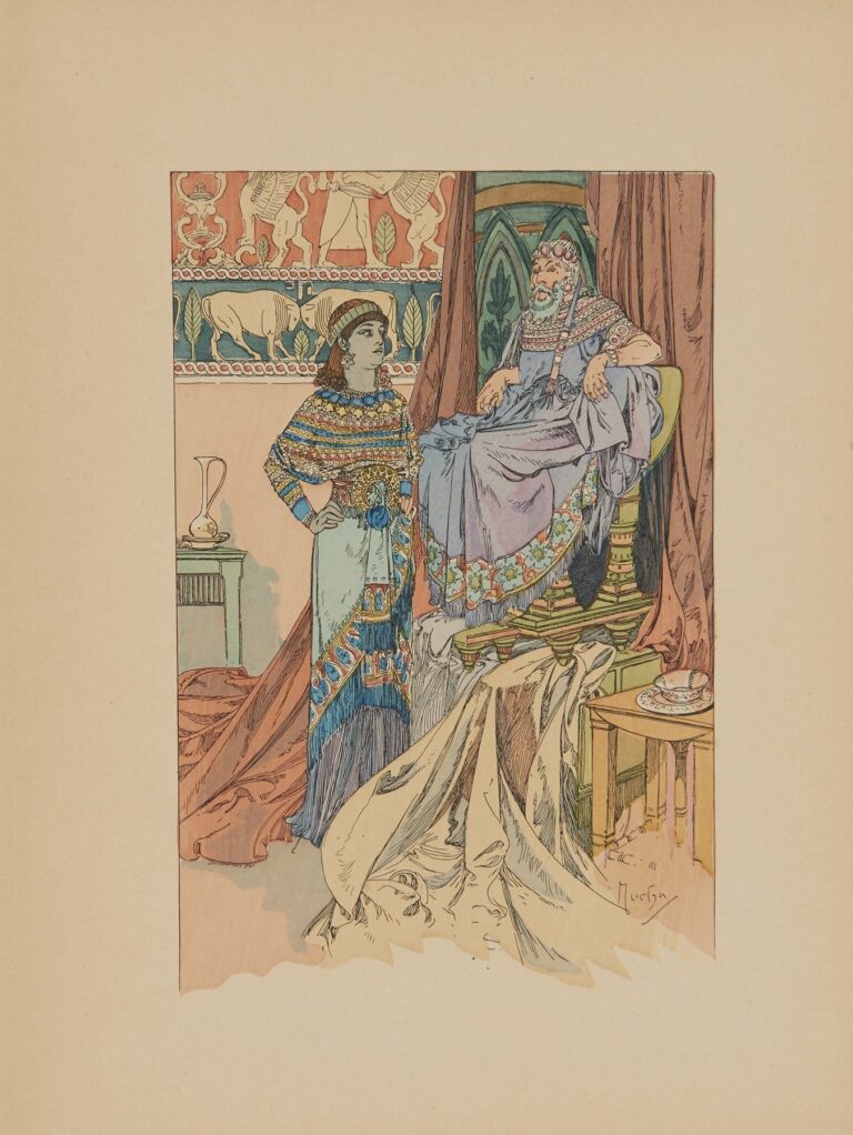 Square vignette of a Near Eastern–style court: an elderly, bearded ruler in violet robes sits on a stepped throne while a younger figure in elaborately beaded garments stands before him; patterned wall friezes, russet curtains, a silver ewer, and draped fabrics complete the interior, signed “Mucha.”