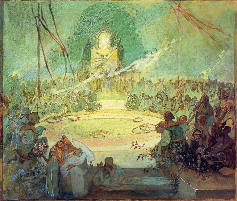 Watercolor by Alphonse Mucha showing a large circular green clearing encircled by crowds, with families and children in the foreground and a luminous stair and arch rising at the far end; red streamers frame the scene, floral wreaths lie on the grass, and soft green light creates a hopeful, communal mood.