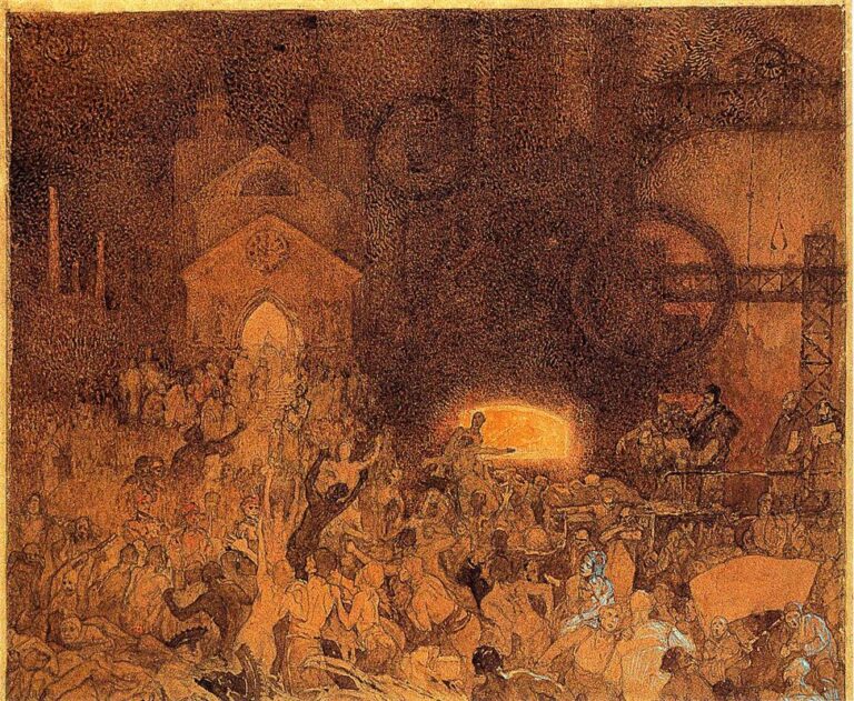 Sepia-toned scene by Alphonse Mucha showing a dense crowd between a glowing church portal at left and an industrial furnace at right, with cranes, wheels, and smokestacks overhead; workers tend the fire while people surge toward the church, creating a dark, atmospheric allegory of modern life and competing sources of light.