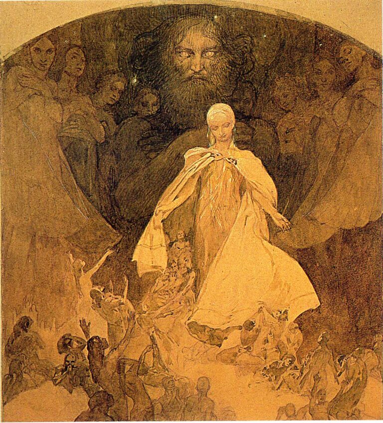 Sepia-toned allegory by Alphonse Mucha showing a pale, robed female figure descending from a dark arched background toward a crowd, with a large bearded elder’s face and attendant figures watching above; gentle light emanates from the figure’s garment as people below reach upward in a mood of reverent attention.